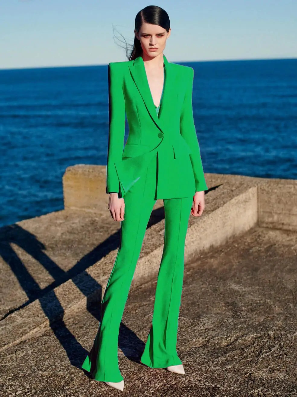 Designer Runway Suit Set Women Single Button Slim Fit Blazer Flare Pants Suit Two Pieces
