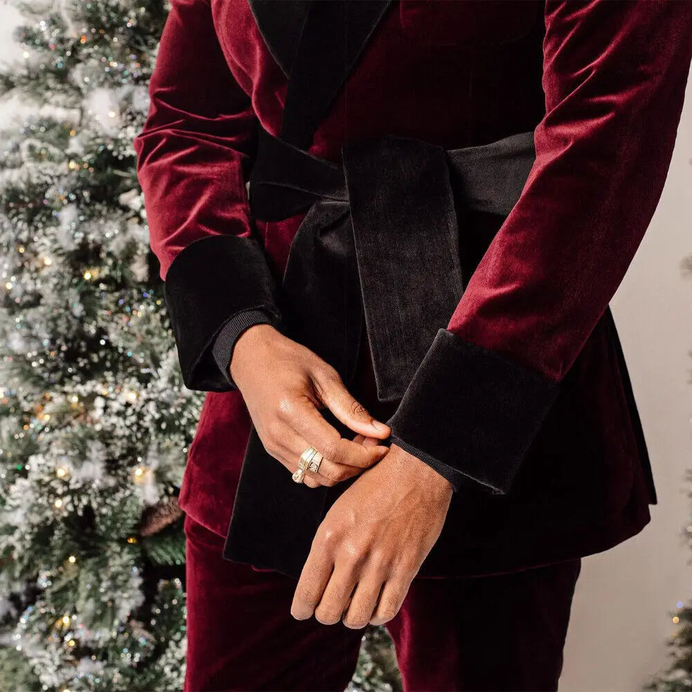 Velvet Burgundy Men Suit Tailor-Made 2 Pieces Blazer Pants Lapel With Belt Fit Slim Formal Business Causal Party Host Tailored