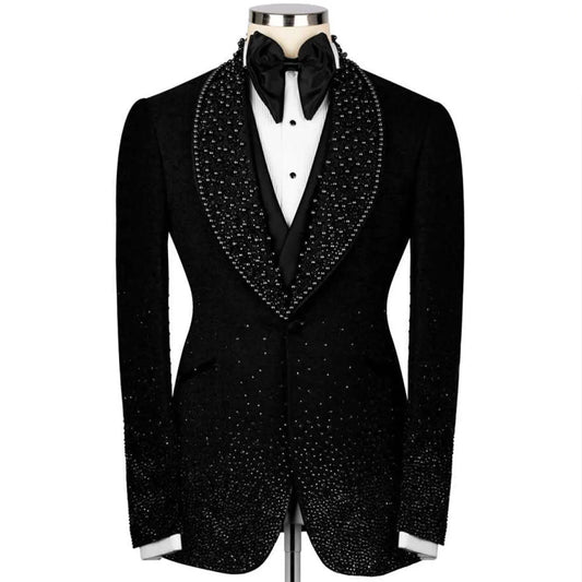 Customized Handsome Rhinestone Men Suits 2 Piece Sets Male Prom Blazer Shawl Lapel Ropa Hombre Slim Fit Groom Wedding Tuxedos