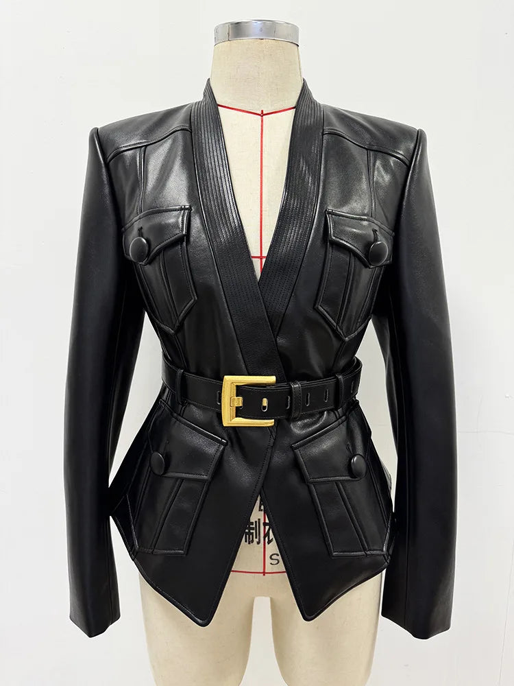 Designer Jacket Women's Belt Slim Fitting Leather Button Pocket Decoration Artificial Leather Blazer