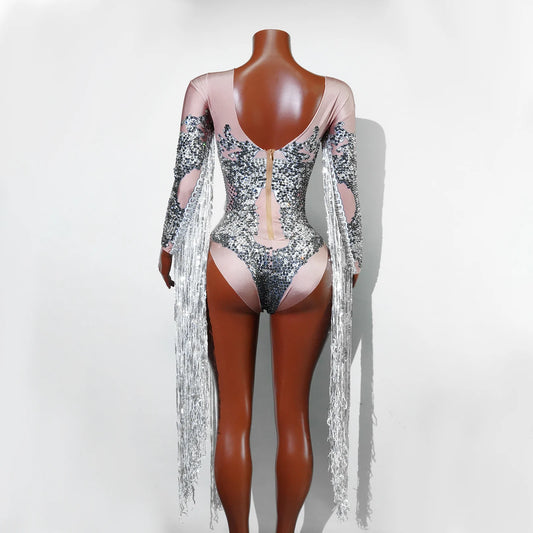Bar DS Performance Outfit Glitter Rhinestones Bodysuit Women Long Sleeve Fringes Nightclub Singer Stage Costume Pole Dance Party