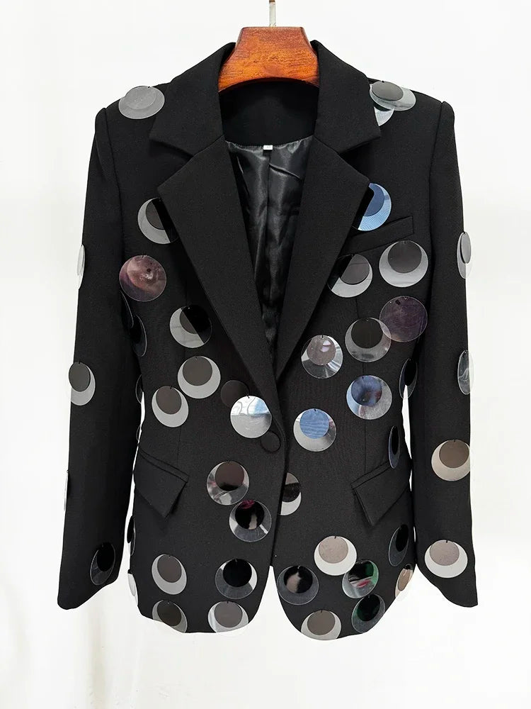 Chic Women's Sequin Blazer with Eye-Catching Cutouts – Stylish Single Button Design for Trendsetters