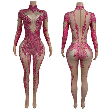 Sexy Glitter Diamond Elastic Pink Jumpsuit Female Dance Performance Costume Nightclub Stage Rompers Nightclub Outfit