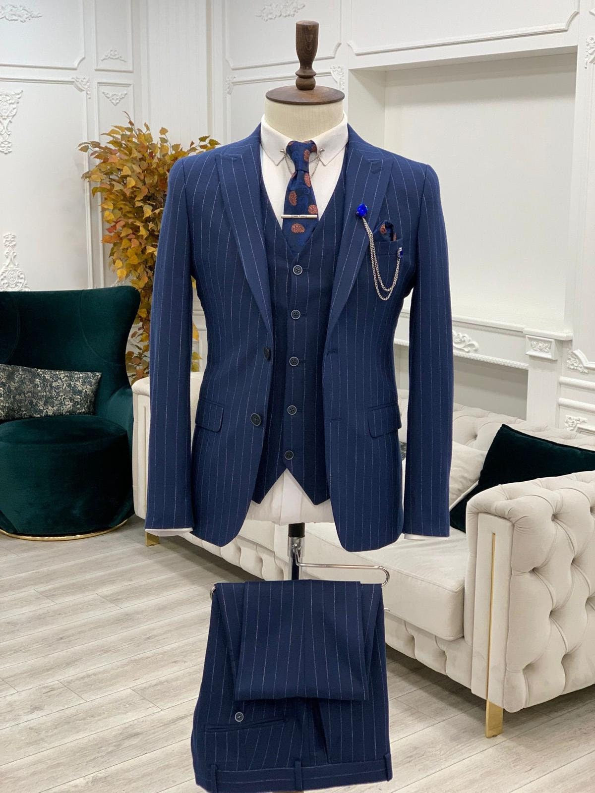 Traje de hombre azul marino de 3 piezas, blazer, chaleco, pantalón, botonadura sencilla, solapa de pico, traje de negocios a rayas para novio de boda, traje a medida para hombre 