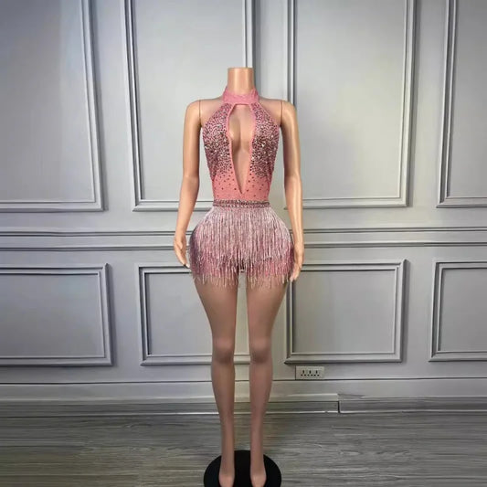 Glamorous Birthday Party Stage Outfit Shiny Diamond Neck Hollow Bodysuit Nightclub Performance Costume for Female Dancers