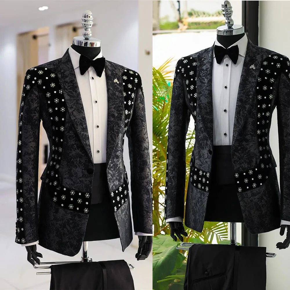 Luxury Jacquard Suits Men For Wedding Crystals Beaded Groom Tuxedos 2 Pieces Formal Banquet Party Man Blazer Sets