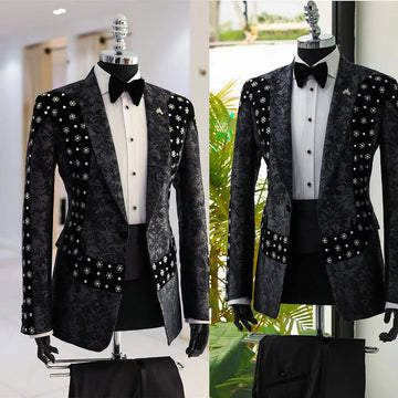 Luxury Jacquard Suits Men For Wedding Crystals Beaded Groom Tuxedos 2 Pieces Formal Banquet Party Man Blazer Sets Traje Hombre