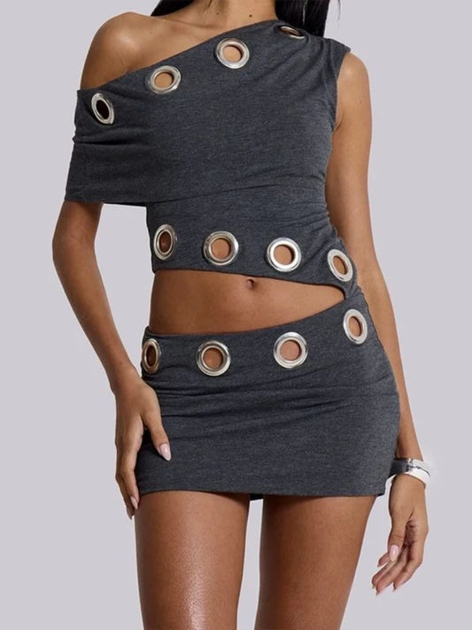 Summer Y2K Vintage Fake 2 Piece Sets Women Off Shoulder Sexy Hollow Out Crop High Waist Bodycon Mini Dress Party Outfits