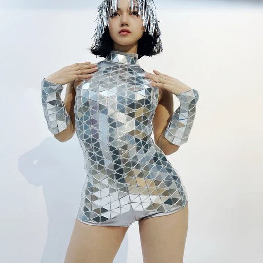 Combinaison à angle plat avec col licou et miroir argenté pour femme, tenue de danseuse Gogo, tenue de soirée, de discothèque, de bar 