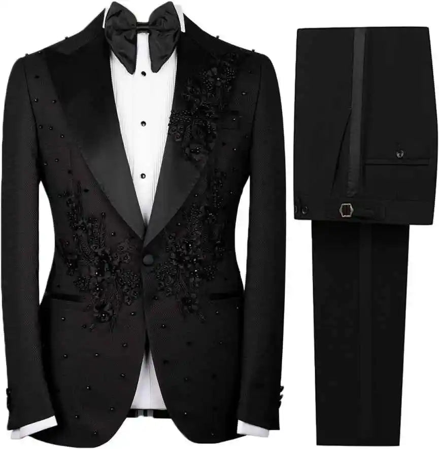Ensemble de costume smoking 3 pièces pour homme, perles faites à la main, coupe ajustée, personnalisé, mode marié, mariage, formel, sur mesure, veste, gilet, pantalon