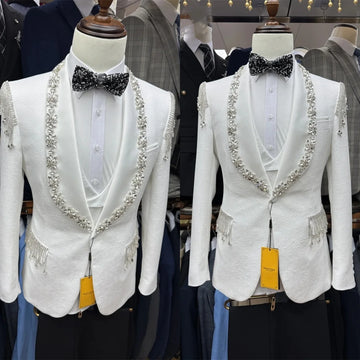 Luxury Crystal Men Suits Tailor-Made 2 Pieces Set Shawl Lapel Jacquard Jacket Tassel Blazer One-Button Customized Coat Pants