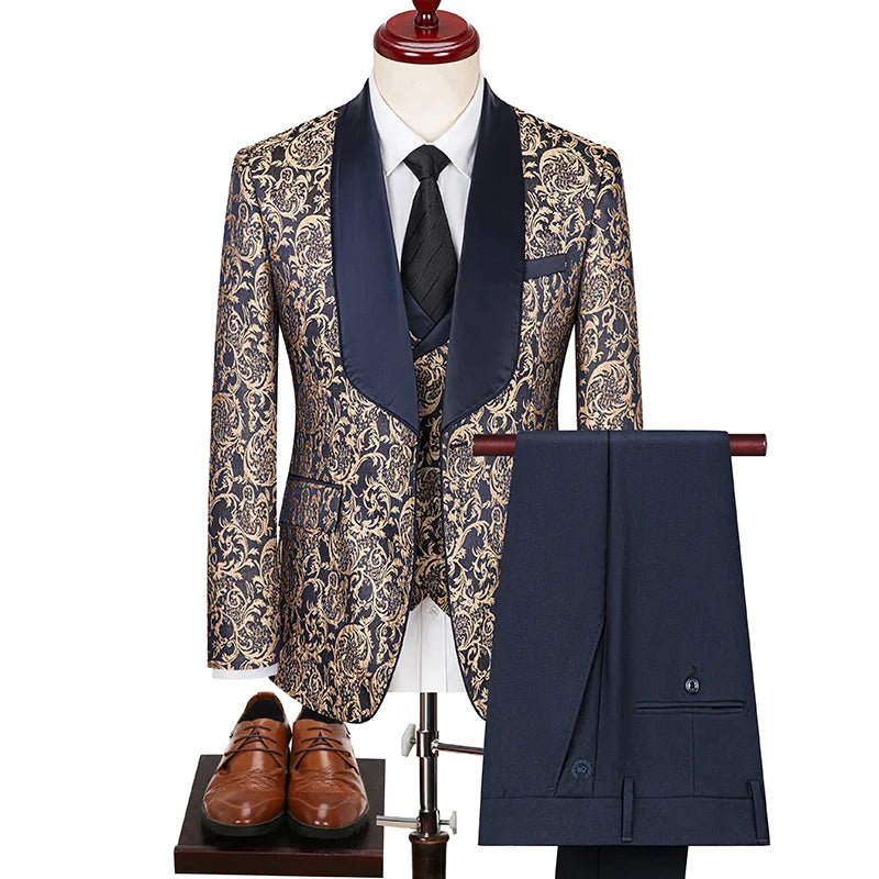 Men's British Style Business Casual Three-Piece Suit Vest Trousers High-Density Jacquard Wedding Dress