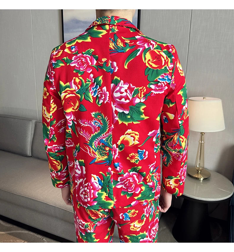 Traje de 2 piezas para hombre, estilo vintage, para fiesta, con estampado de flores grandes, estilo noreste de China, chaqueta y pantalones.
