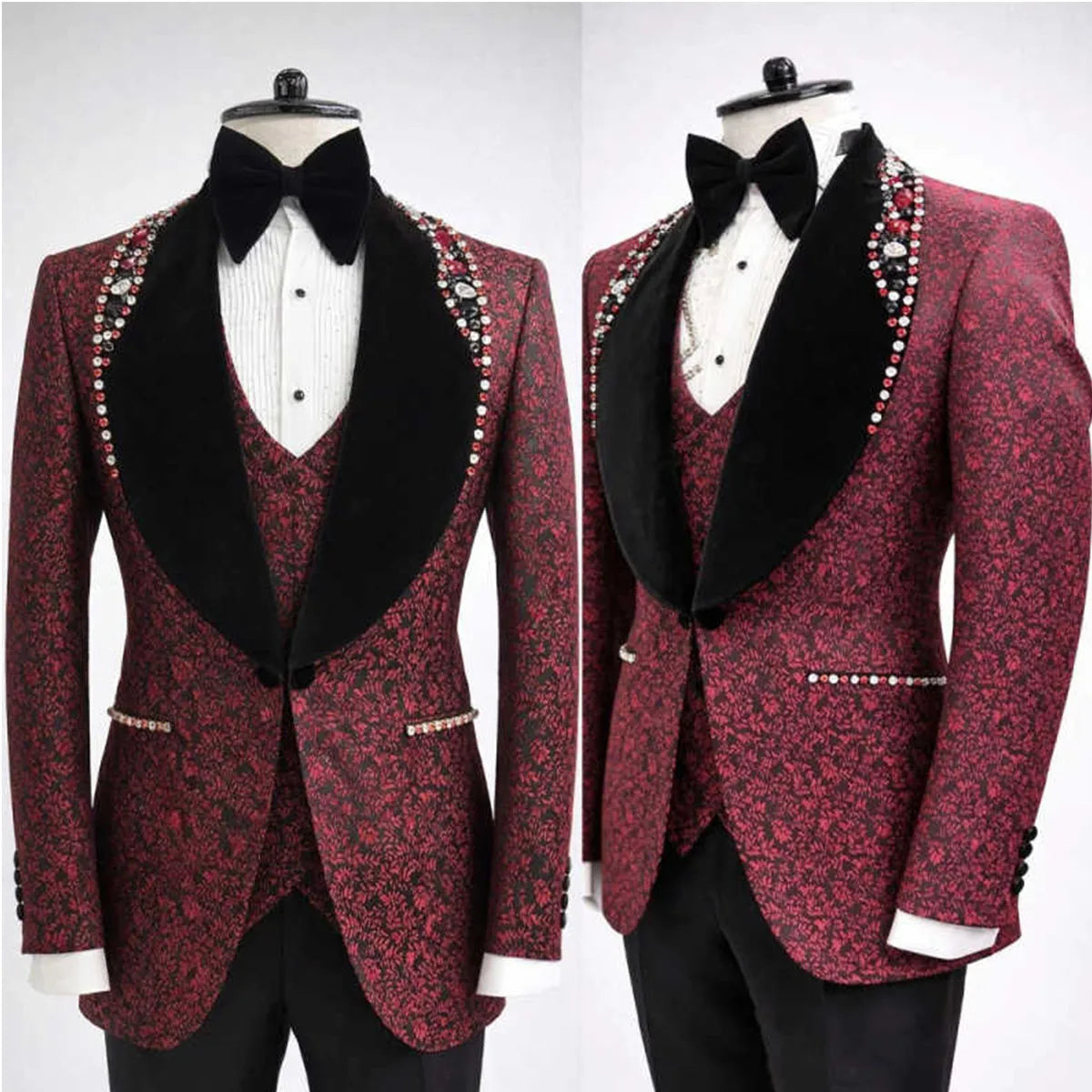 Customized Men Suits Shawl Lapel Groom Tuxedos  Luxury Bead Diamond Wedding Prom Blazers Trajes De Hombre Outfit Costume Homme