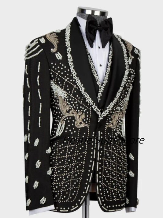 Luxury Wedding Men Suits Crystal Beading Stone Groom Tuxedo Customized 3 Pieces Sets Formal Male Prom Blazers Party Ropa Hombre