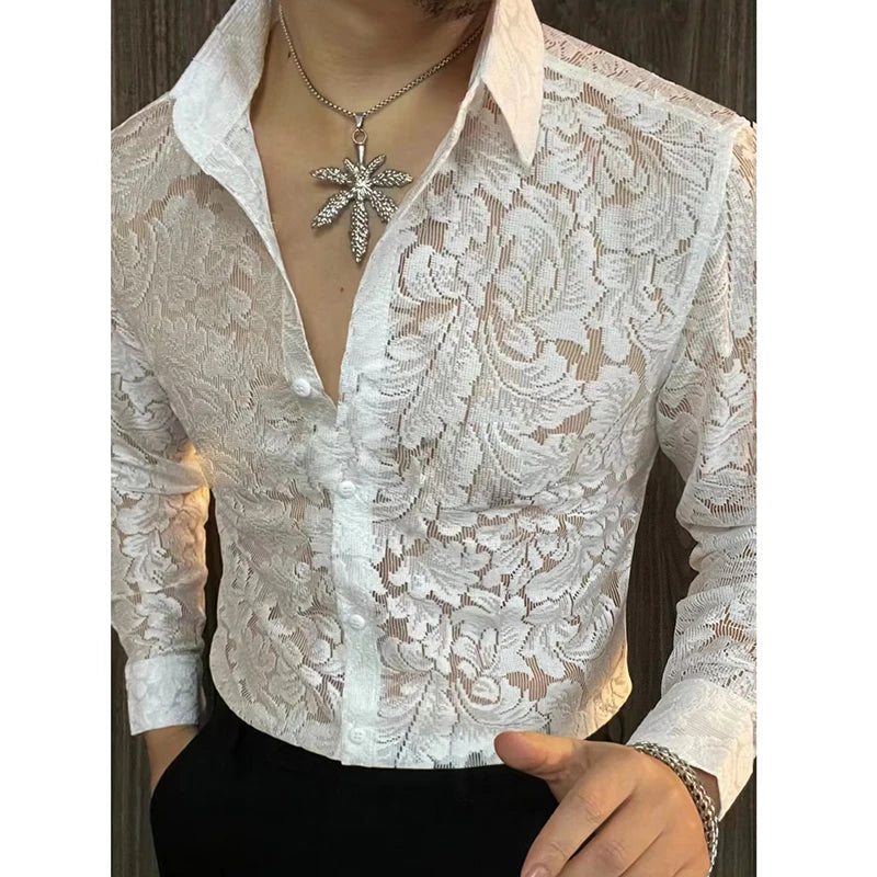 Men's Slim Fit Shirt Spring Semi Transparent Long Sleeved Shirt Men Nightclub Sexy Casual Social Party Tuxedo Stage Singer Shirt