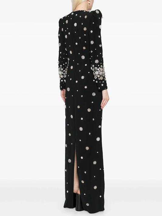 Newest Fashion Party Vestido Women's Formal Long Sleeve Luxurious Beaded Long Maxi Dress