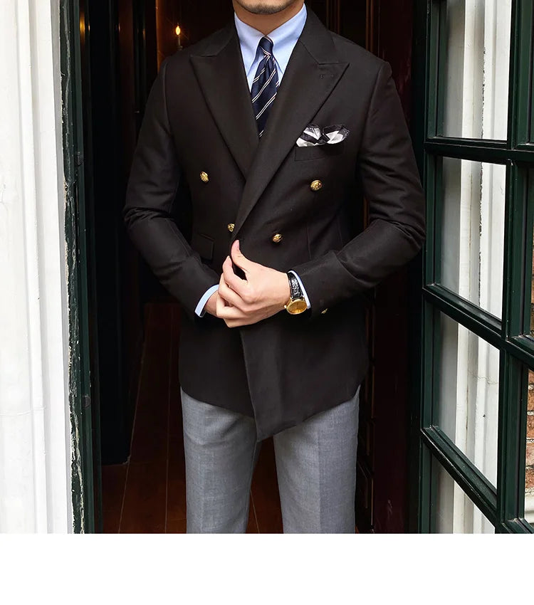 Blazer de estilo británico para hombre, traje ajustado de dos piezas con doble botonadura, color liso, informal y moderno.