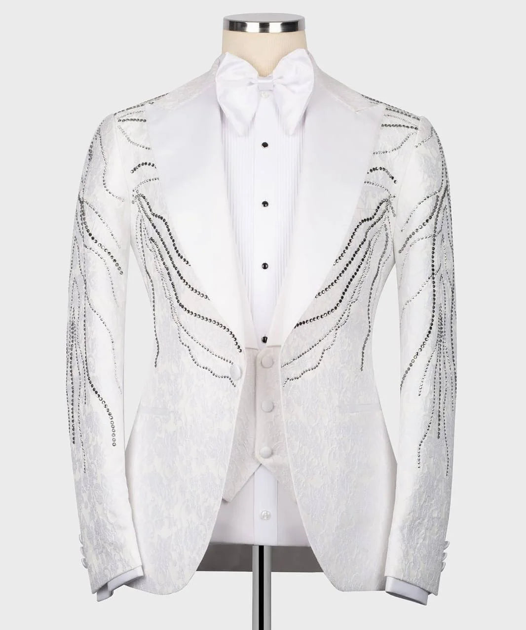 Fashion Men Suit Tailored Blazer 3 Pieces Set Coat Peaked Lapel Rhinestone Jacquard Formal Occasion Customized Jacket Vest Pants