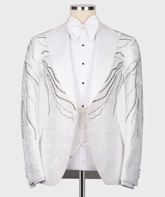 Fashion Men Suit Tailored Blazer 3 Pieces Set Coat Peaked Lapel Rhinestone Jacquard Formal Occasion Customized Jacket Vest Pants