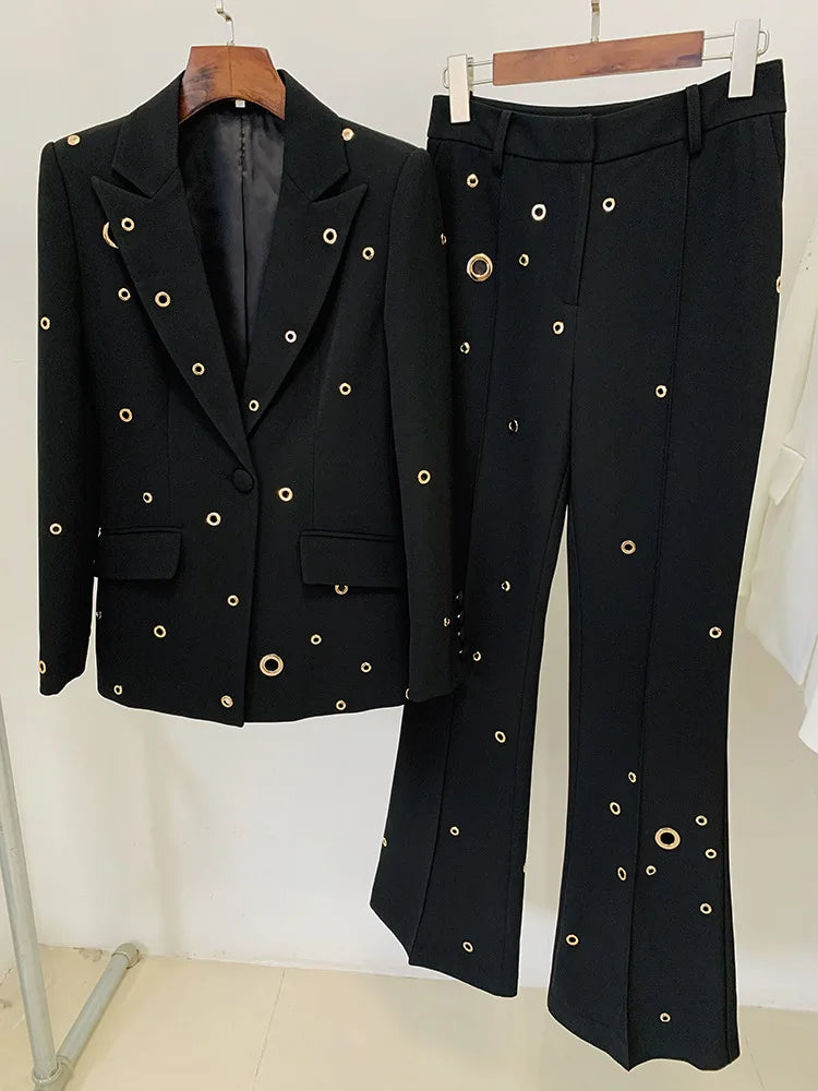 Stylish Women's Blue Two-Piece Pantsuit Set with Eyelet Details and Single Button Blazer, Perfect for Weddings and Formal Events