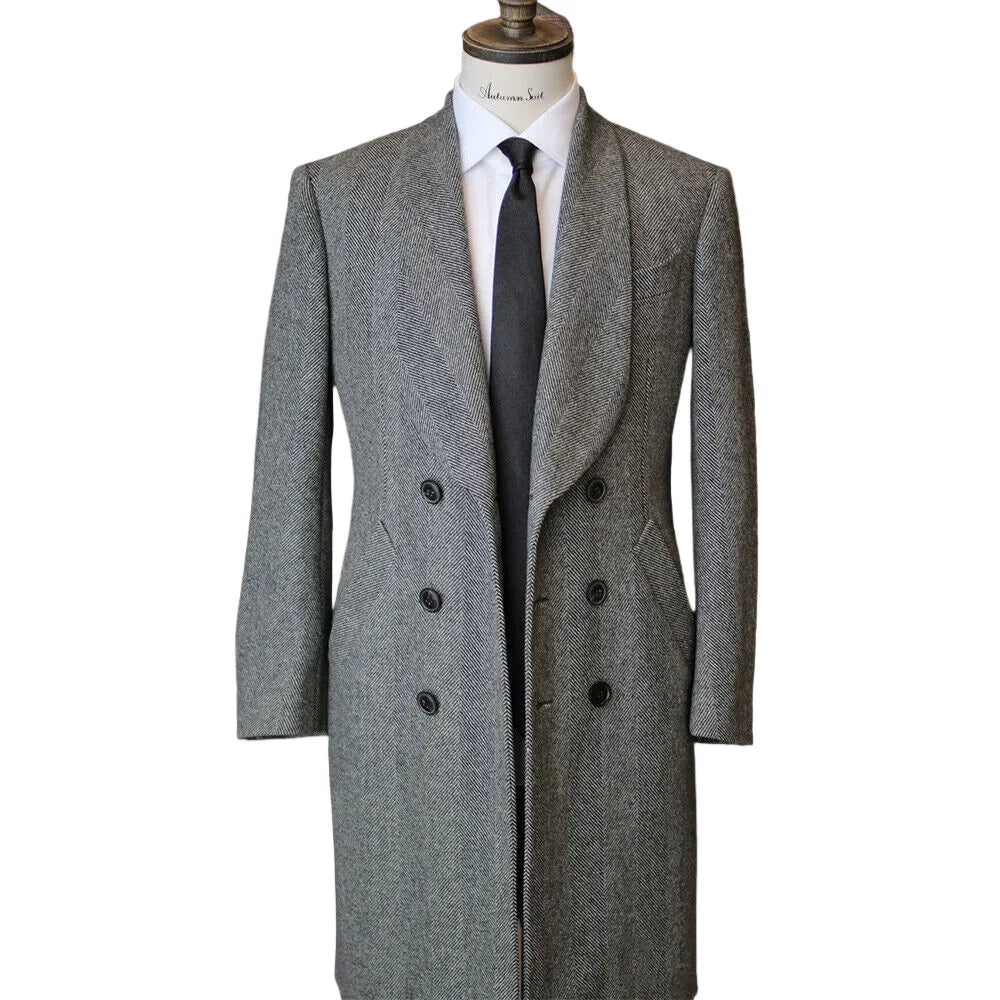 Elegant Men's Overcoat Herringbone Shawl Lapel Tailor-Made Windbreaker One Piece Double Breasted Warm Customized Overgarment
