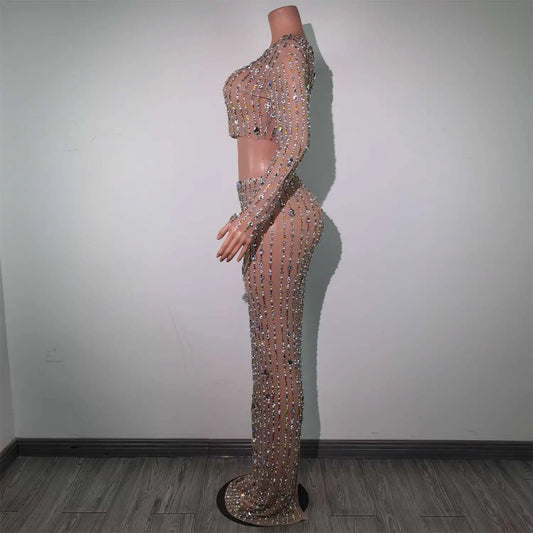 Shining Diamonds Prom Gown Pearl Transparent Top Skirt Set Birthday Celebrate Dress Prom Party Costume