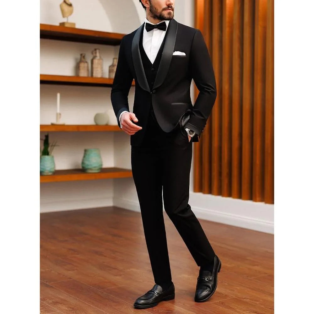 Black Men Suits 3 Piece Elegant Shawl Lapel One Button Male Suit Prom Party Formal Wedding Groom Tuxedo (Blazer+Vest+Pants)