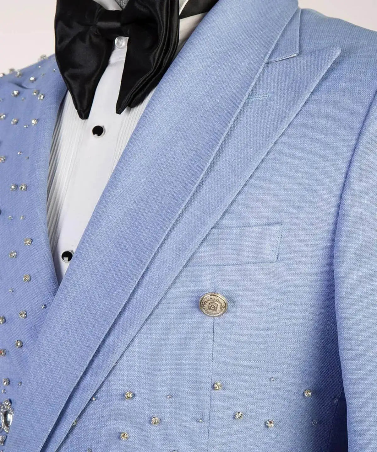 Light Blue Beaded Men's Tuxedo Suit, Double-Breasted Blazer and Pants for Weddings and Prom, Custom Tailored
