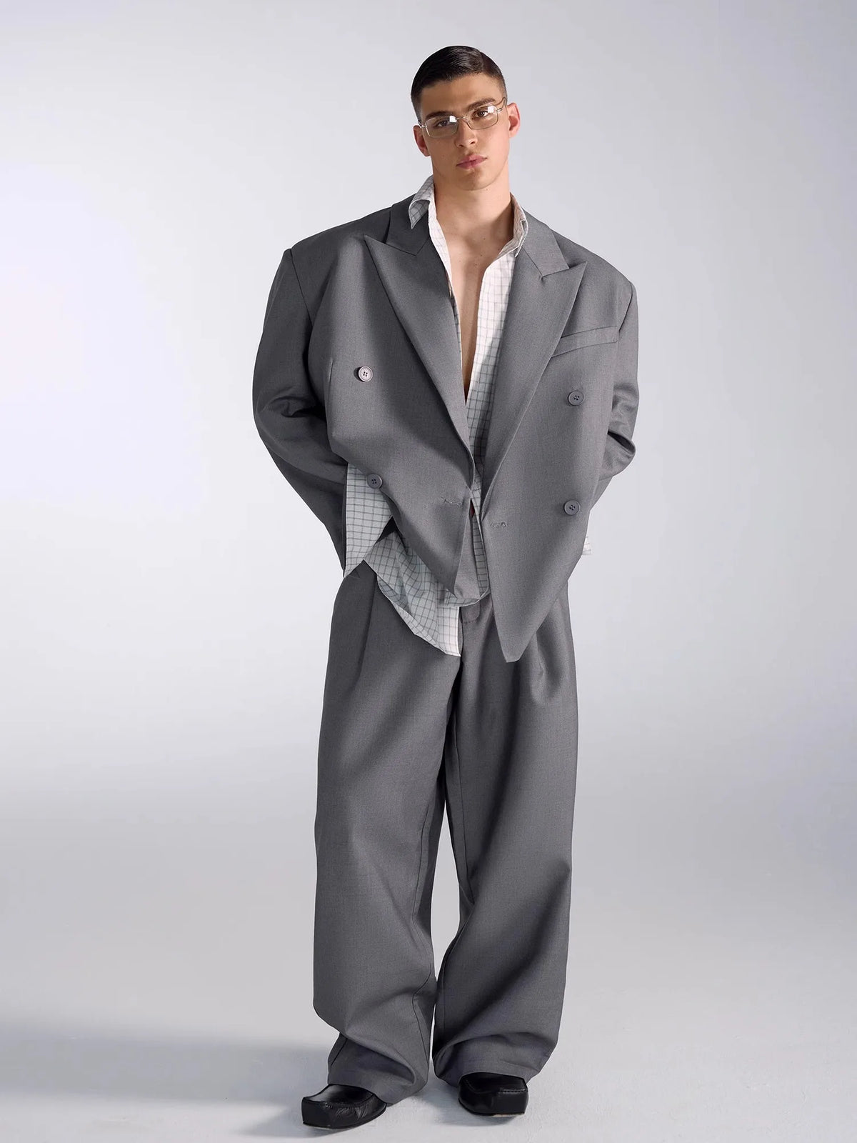 Oversized Grey Blazers for Men Peaked Lapel Shoulder Pads Double Breasted