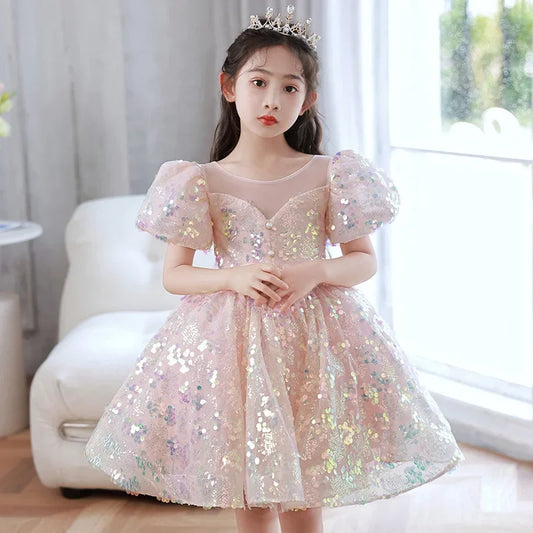 Kids Birthday Party Dresses for Little Girl Size 2 To 14 Years Prom Sequin Dress Luxury Gowns Sky Blue Evening Formal Frock