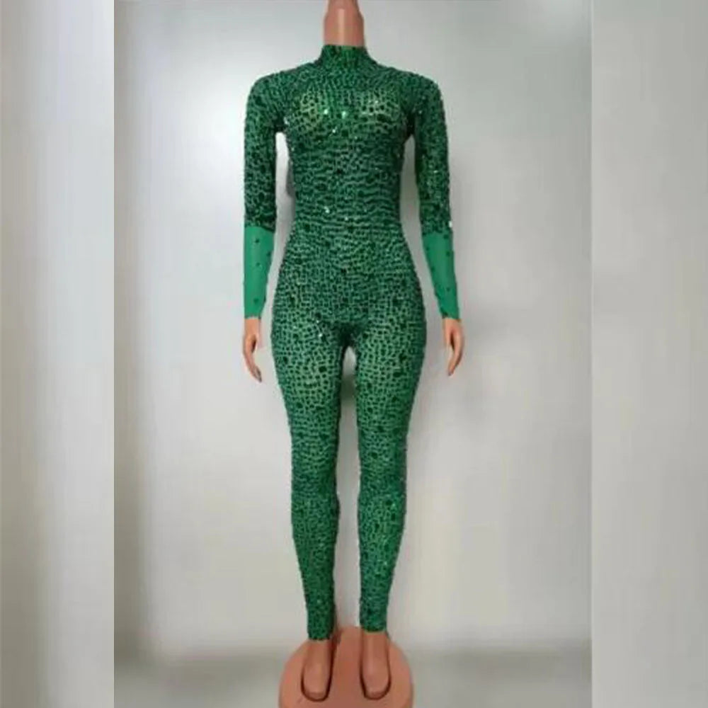 Sexy Simple Style Elegant Green Evening Gown Blingbling Silver Rhinestones Jumpsuit Wedding Cocktail Party Photoshoot Costume