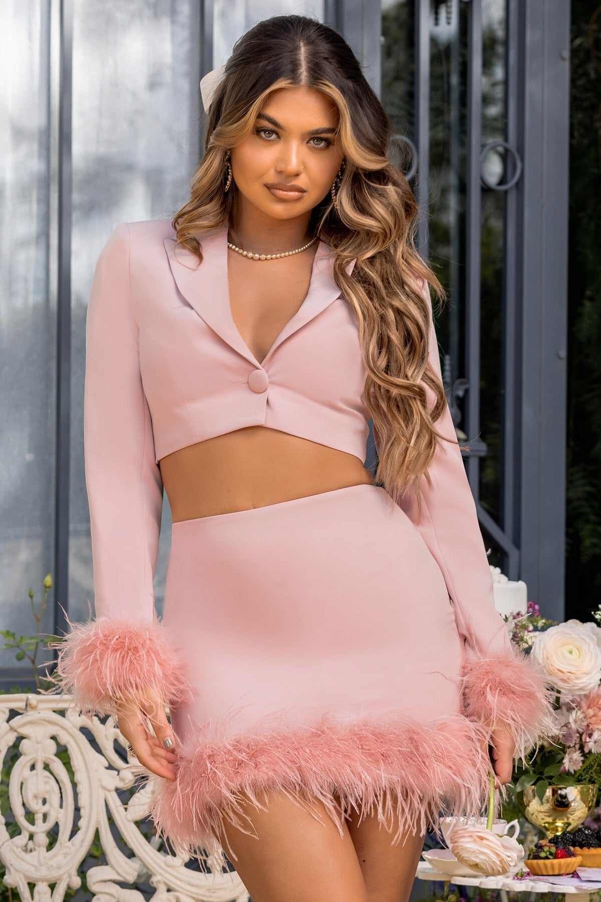 Costume de mère de la mariée en plumes roses, ensemble 2 pièces pour femme, veste courte, blazer, soirée formelle 