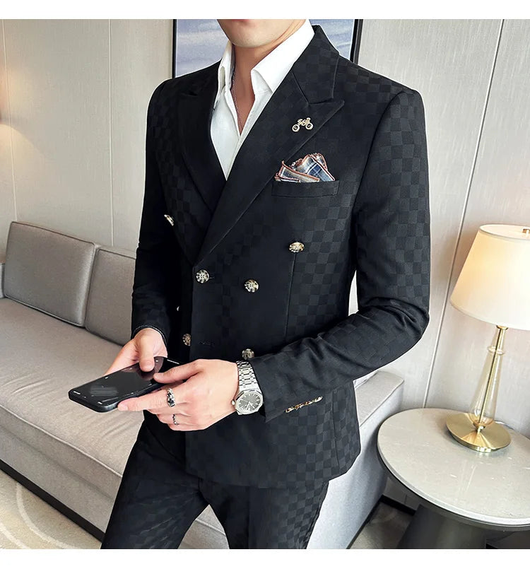 Elegant Double-Breasted Navy Checker Suit for Men – Custom Tailored Business & Wedding Attire, Stylish Formalwear Set