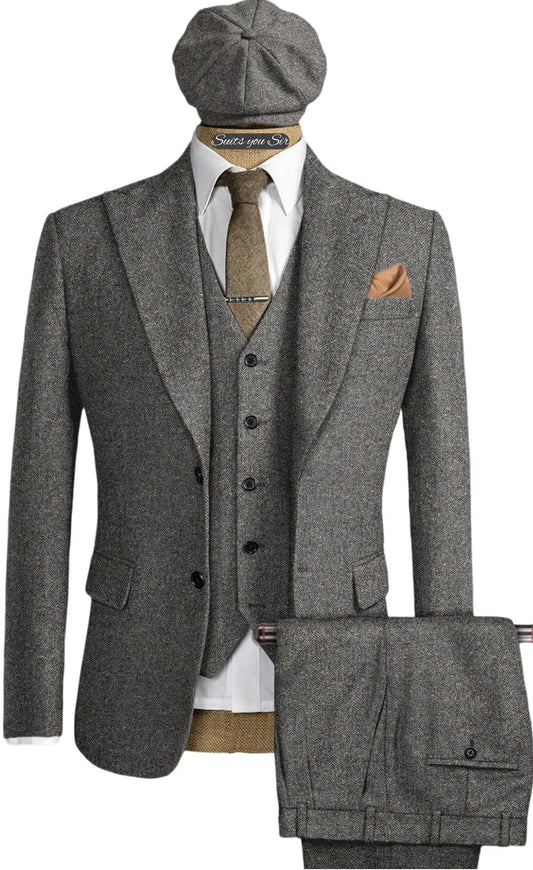 Mens Herringbone Suits 3 Pieces Wool Formal Groom Wear Work Business Customize Tuxedos Blazer Pants Vest for Wedding