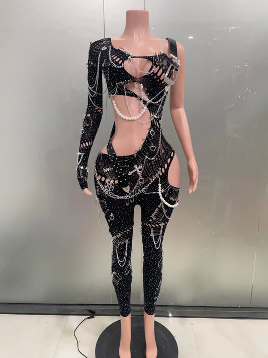 Sexy Shining Pearl Chain One Shoulder Hollow Out Jumpsuit New Women Birthday Party Nightclub Singer Performance Stage Wear