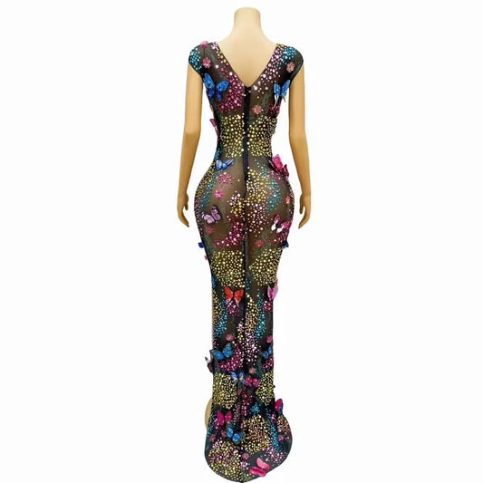 Sexy Stage Shining Colourful Rhinestones Butterflies Mesh Dress Women Birthday Evening Red Carpet Photoshoot Gown Costume
