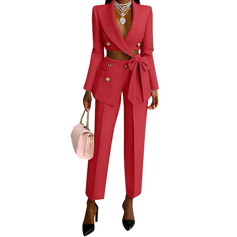 Ensemble élégant blazer à lacets et pantalon long pour femme, décontracté, manches longues, couleur unie, deux pièces, boutons tendance, tenue de ville