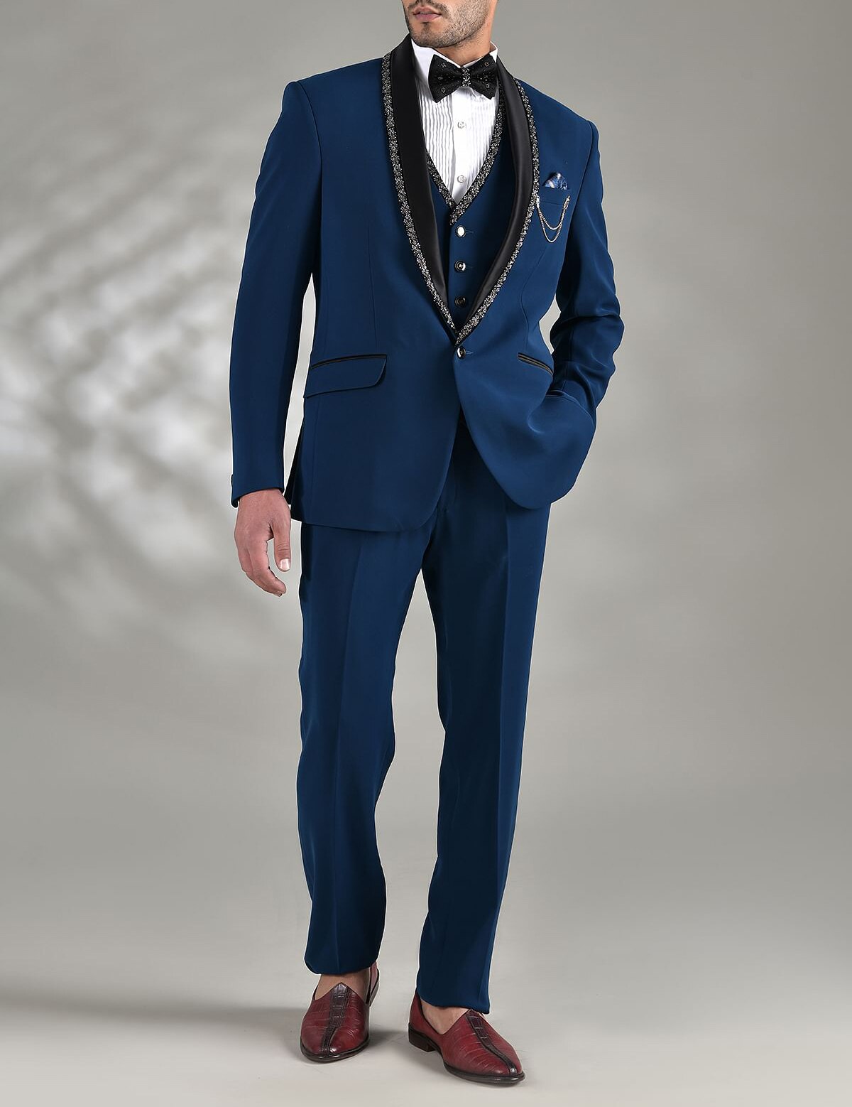 Gentleman Blue Wedding Men Suits With Beads Neck Tailor-Made New Groom 3-Pieces Formal Occasions Party Singer Costume Made