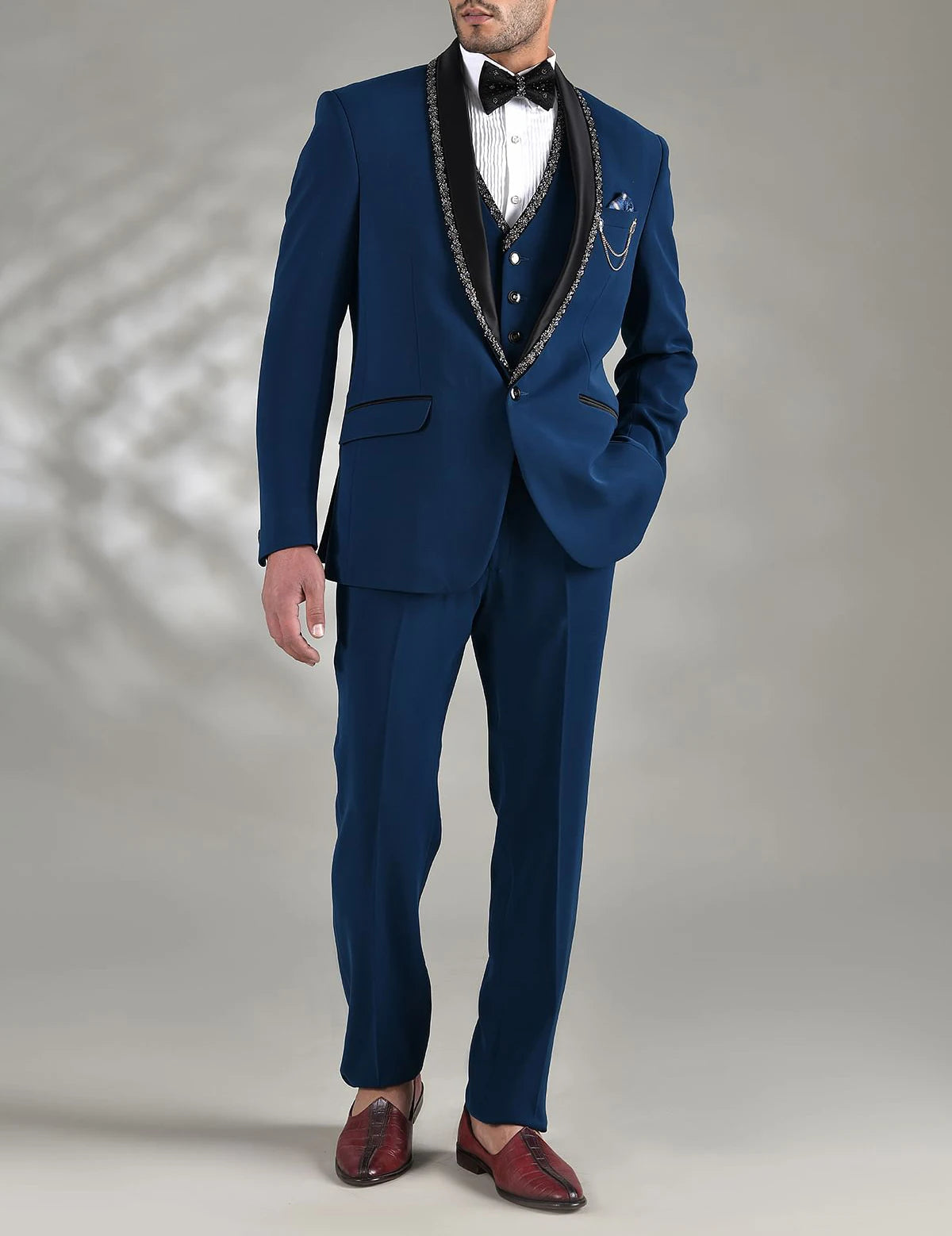Gentleman Blue Wedding Men Suits With Beads Neck Tailor-Made New Groom 3-Pieces Formal Occasions Party Singer Costume Made