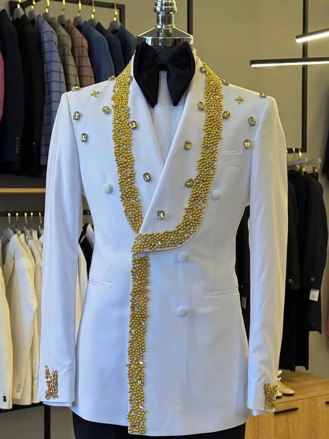 Fashion Men's Suits Beading Crystal Tailor-Made Jacket 2 Pieces Set Blazer Double Breasted Groom Customized Coat Black Pants