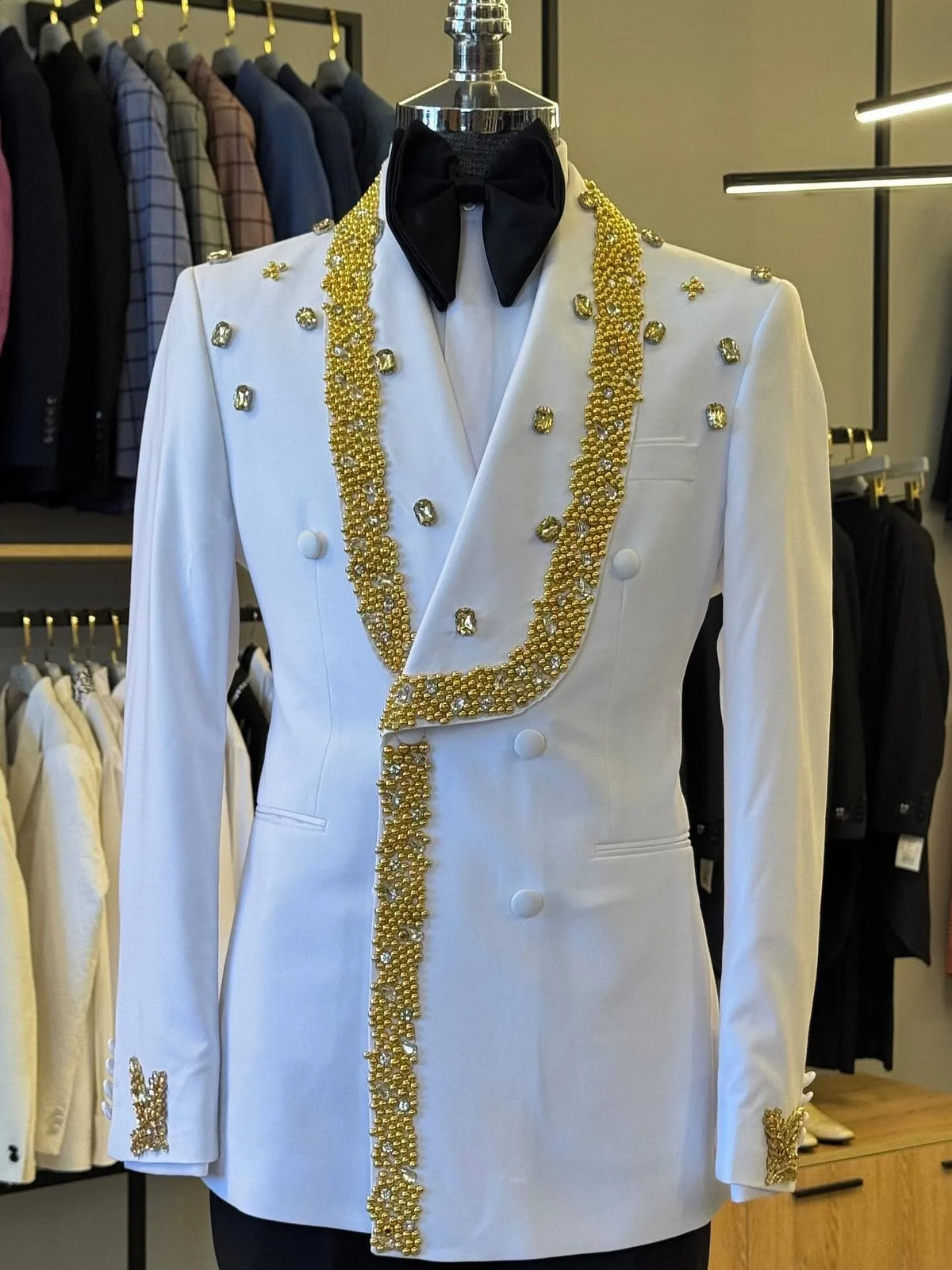 Fashion Men's Suits Beading Crystal Tailor-Made Jacket 2 Pieces Set Blazer Double Breasted Groom Customized Coat Black Pants