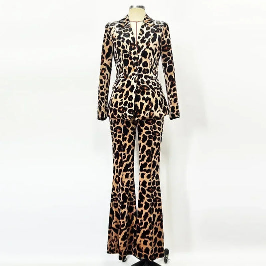 Conjunto de 2 piezas de blazer elegante de manga larga con muescas y bolsillos de leopardo para mujer, pantalones largos acampanados de terciopelo