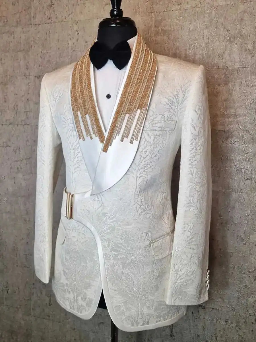 Formal Wedding Tuxedos with Buckle Beaded Jacquard Men Suits Shawl Lapel 1 Piece Set Jacket Handsome Groom Blazers Customized