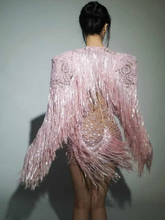 Ensemble 2 pièces robe courte, châle, paillettes et strass scintillants, sexy, transparent, costume de danse d'anniversaire, tenue de scène pour chanteur 