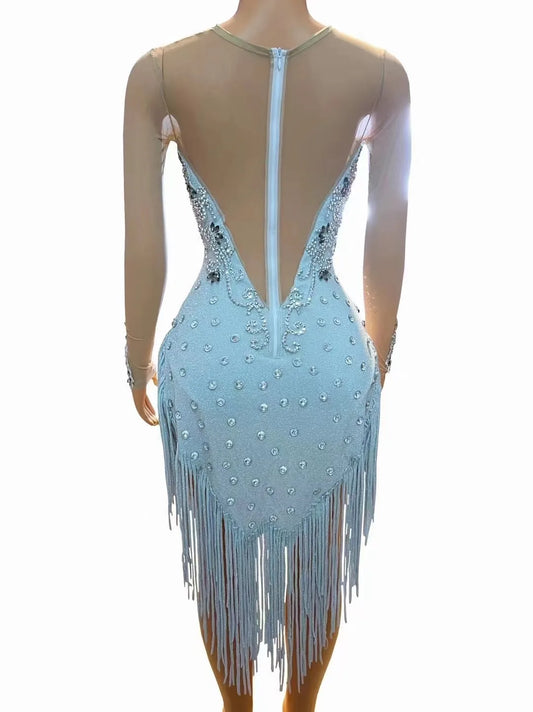 Sexy Fringe Rhinestone Women Birthday Dress Nightclub wear Singer Dancer Pageant Stage Wear Stunning Drag Queen Photoshoot Dress