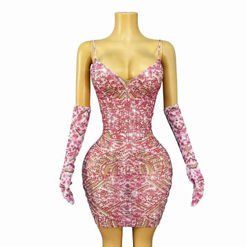 Sparkly Rhinestones Short Skirt Gloves Women Sexy Slip Mesh See Through Evening Prom Celebrate Birthday Dress Photo Shoot Wear