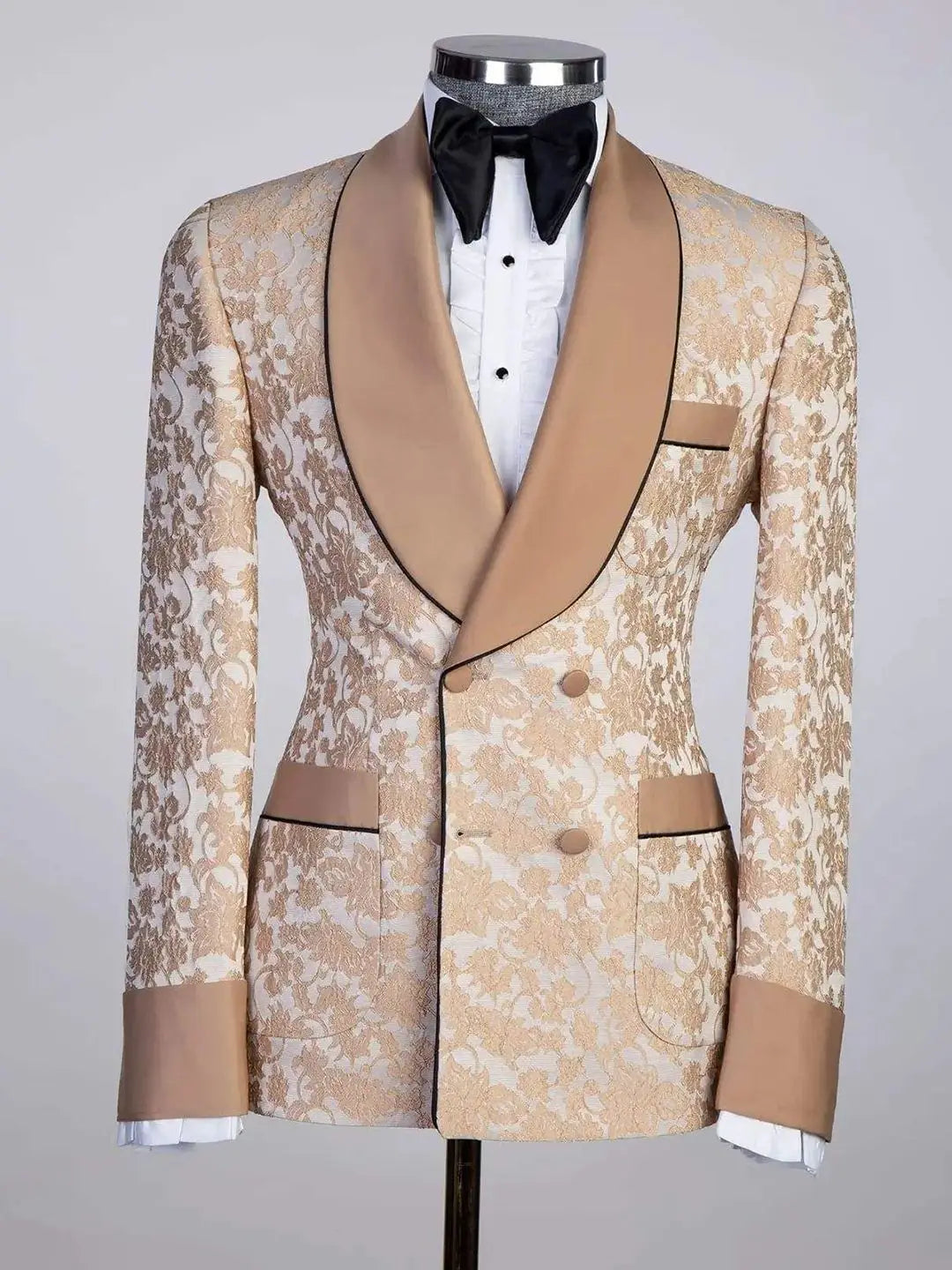Floral Jacquard Mens Wedding Tuxedos Slim Fit Champagne Shawl Lapel Double Breasted Jacket 2 Pieces Black Pants