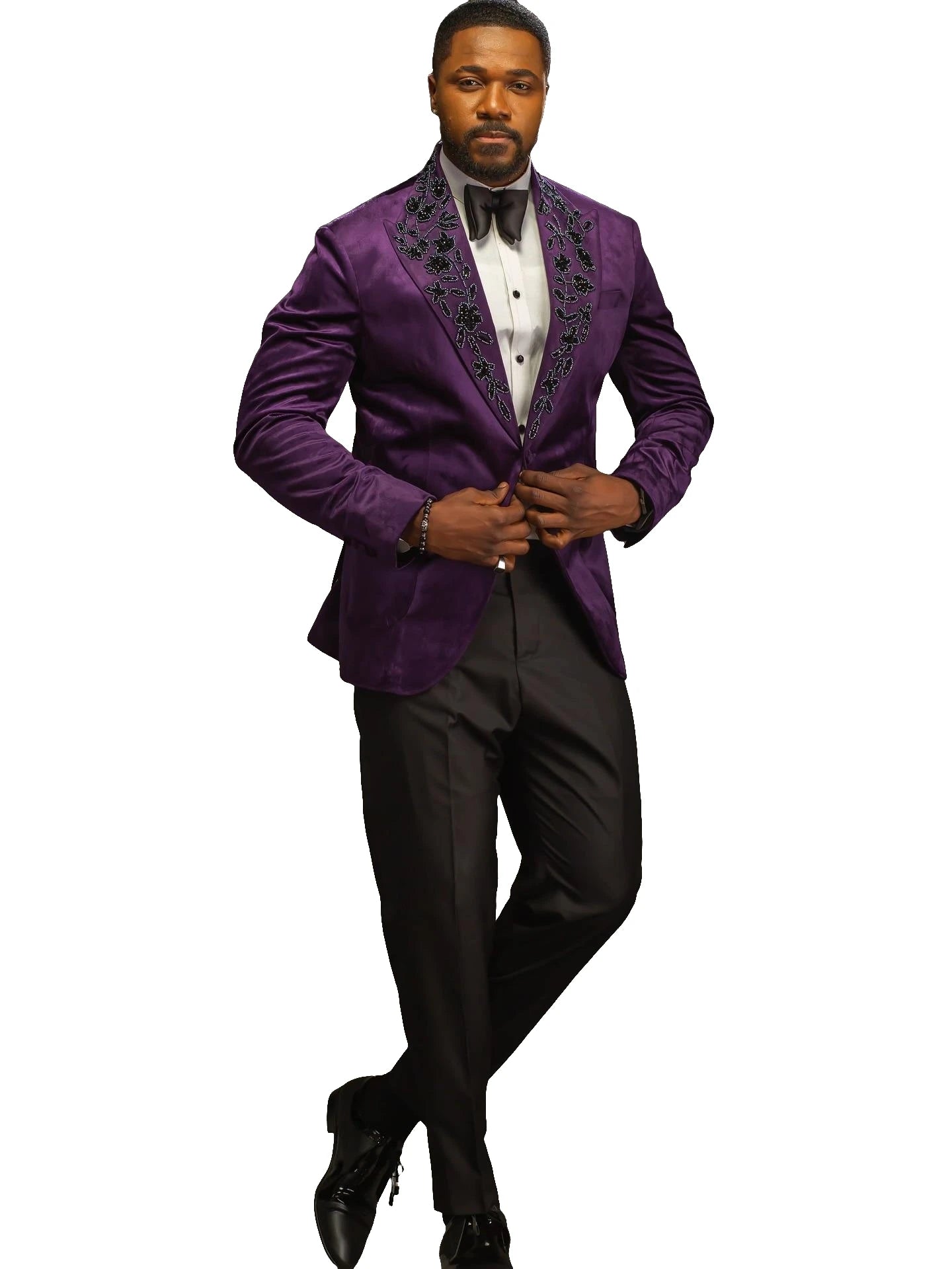 Modern Men's Suits Tailor-Made Jacket BEading Blazer Peaked Lapel One Button Groom Customized Coat Black Pants