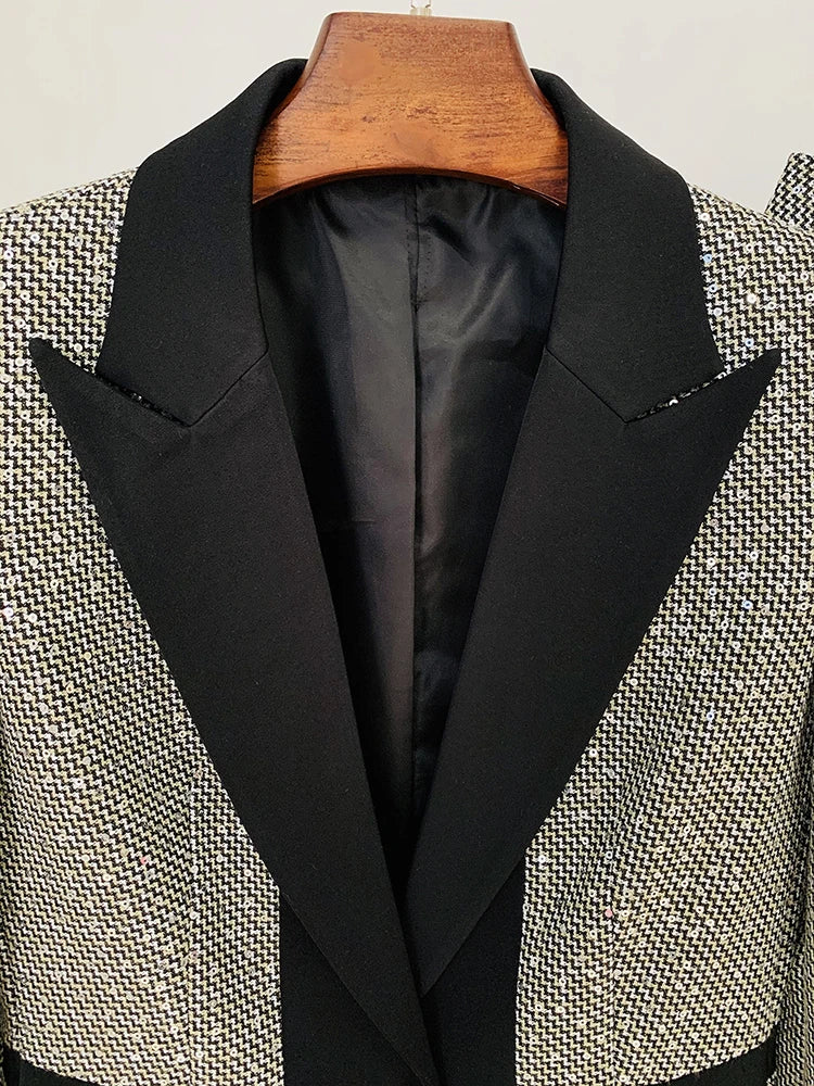 Designer Fashion Runway Suit Set Women Glitter Squined Blazer Jacket Pants Set